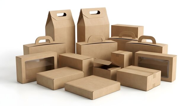 Eco-friendly brown kraft paper packaging collection, variety of cardboard boxes and gift bags, sustainable shipping and retail container set