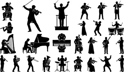 Orchestra Musician Silhouettes Set Featuring Classical Instrumentalists Conductor Pianist Violinist and Performers © fulbabu