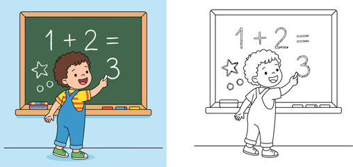 Cute boy student writing math on blackboard with chalk vector illustration and coloring page outline for kids educational activity vector art © MSTA