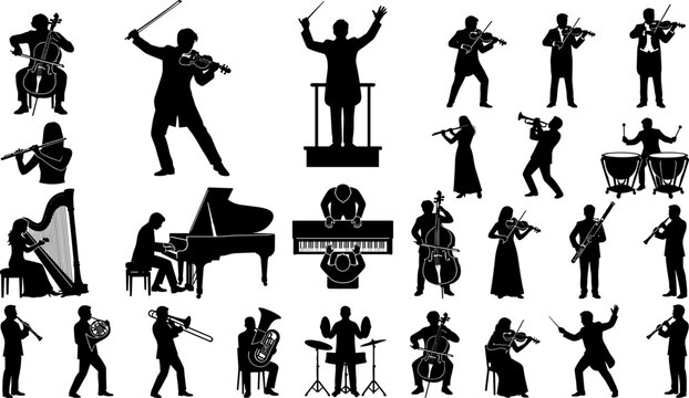 Orchestra Musician Silhouettes Set Featuring Classical Instrumentalists Conductor Pianist Violinist and Performers