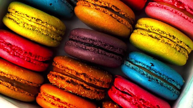Vibrant assortment of delicious colorful french macarons stacked