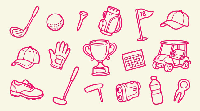 Collection of golf equipment and accessories in a simple line drawing style.