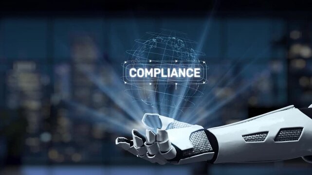 A futuristic robotic hand displays various compliance concepts, emphasizing regulations, policies, standards, and governance in a digital landscape, signifying innovation. Synapse