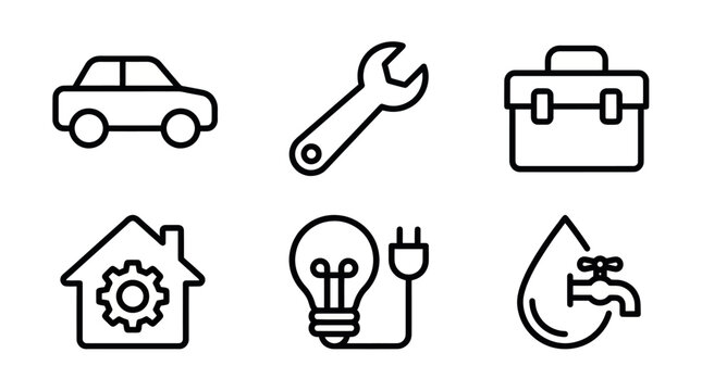 Home service utility and vehicle maintenance outline icons