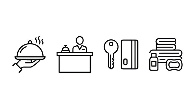 Hotel reception and hospitality guest service icons.