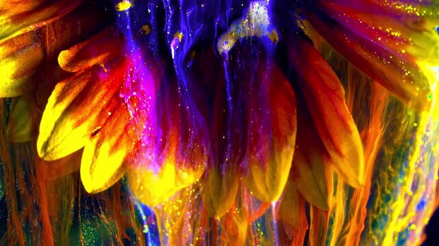 Vibrant sunflower petals submerged in swirling liquid paint creating