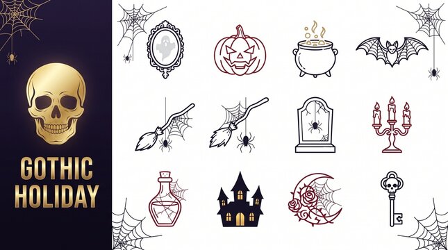 Gothic Halloween Vector Icon Set 4x3 Grid Line Art Illustration