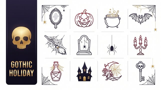 Gothic Halloween Vector Icon Set 4x3 Grid Line Art Illustration