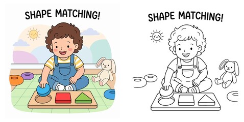 Cute toddler boy playing shape matching puzzle game educational vector illustration with coloring page worksheet for kids 