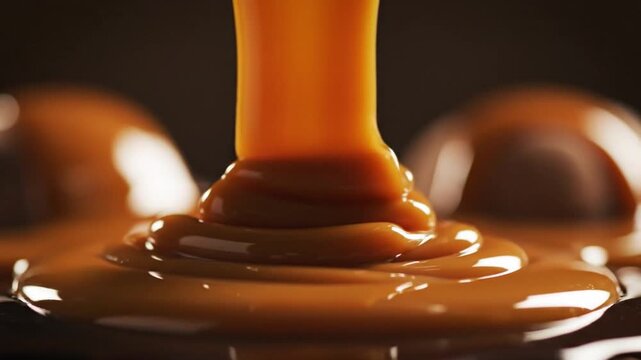 Viscous Caramel Sauce Drizzling Over Dark Chocolates in a Rich Dessert Scene