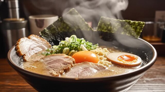 Steaming Bowl of Savory Ramen Noodles with Pork and Egg