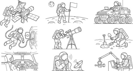 Vector illustrations of astronauts performing space exploration tasks including rover, satellite, and telescope © MstSelina