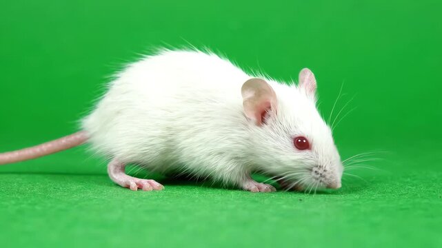 Small white pet mouse sniffing and walking curiously on a bright green background for chroma key compositing