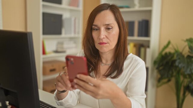 Woman holding a red smartphone, mouth open and surprised at a desk with computer monitor, bookshelves and plant in a home office; privacy concern.
