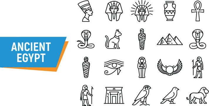 Ancient Egypt mythology and history line icons set featuring pharaoh pyramids mummy sphinx ankh symbol collection vector illustration