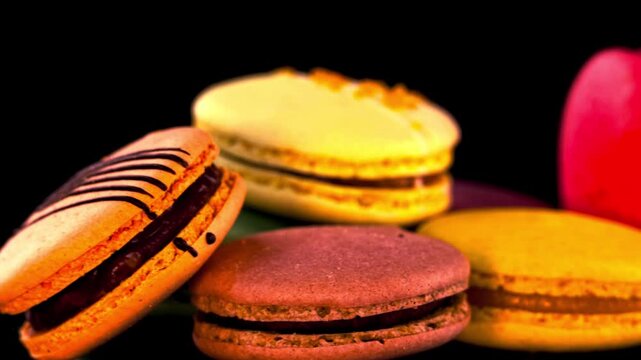 Colorful french macaron pastries arranged on black background captured