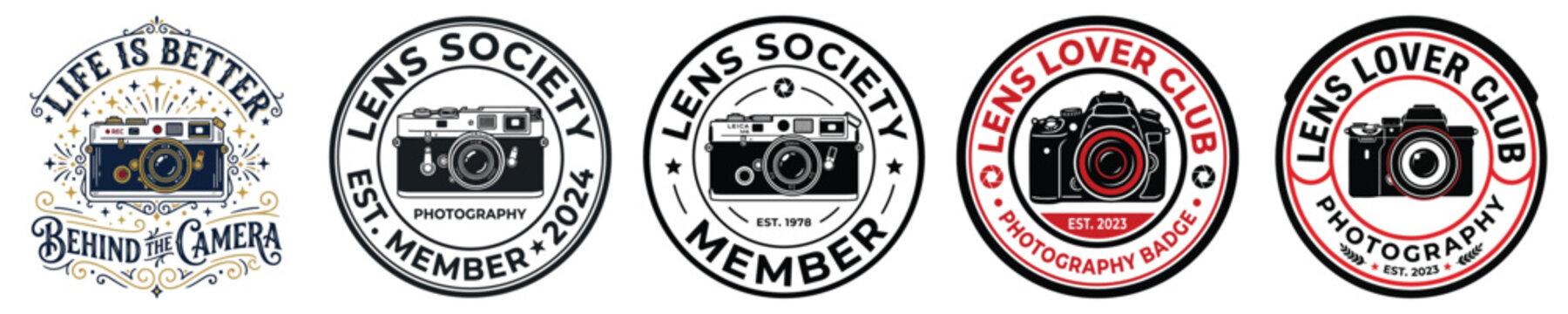 Set of vintage photography circular emblems and badges with cameras on white background