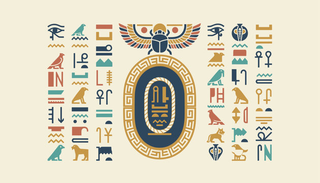 Egyptian hieroglyphics and symbols surround a central sacred scarab beetle with an ornate cartouche on a cream background.