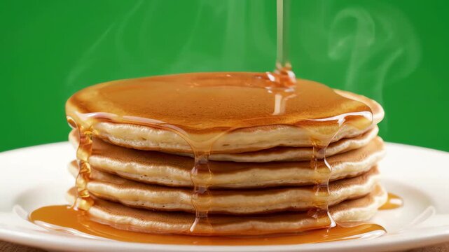 Stack of golden brown fluffy pancakes with thick maple syrup pouring over the edges against a bright green screen background