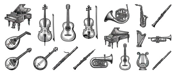 Vintage Musical Instruments Collection Hand-Drawn Style © Hijau