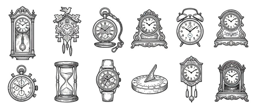 Vintage timekeeping devices collection illustration