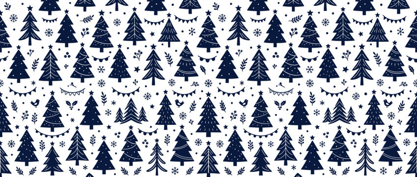 Dark blue Christmas trees pattern with festive accents