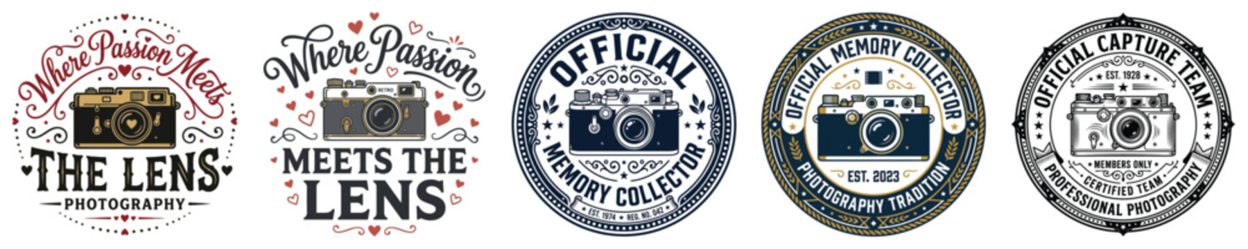 Set of vintage photography logo badges with cameras and retro typography designs