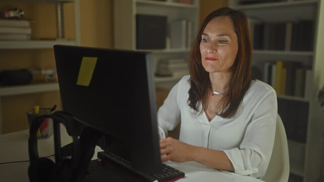 Woman at computer rubbing neck with one hand, typing with the other, headphones and sticky note visible on monitor in a building indicating stiff neck; late work fatigue.