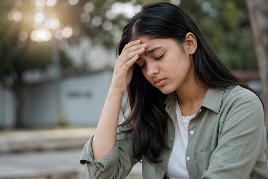 Teenage Girl Suffering from Stress and Headache, Young Woman Experiencing Anxiety and Fatigue, Emotional Wellness and Mental Health Concept, Concerned Girl with Forehead Pain, Natural Portrait of Emot