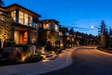 Obraz premium Modern Luxury Homes in Residential Neighborhood, Contemporary Architecture and Real Estate, Premium Suburban Housing Development, Elegant Modern Family Homes at Sunset, High End Residential Community