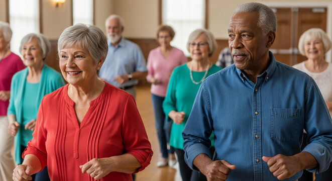 Active multi-ethnic senior citizens enjoying a group dance class at a local community center to maintain physical health and social well-being.
