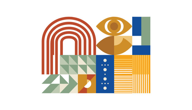 Abstract geometric boho composition with minimalist shapes evil eye rainbow arch and terracotta color palette vector illustration