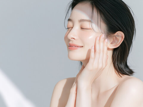 透明感のある笑顔の美しい白い肌の女性。 美容、スキンケア、素材。モダンな質感。
