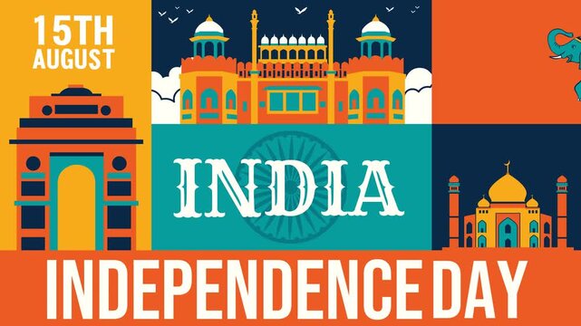 Seamless 4K animated video for India Independence Day with colorful grid panels of iconic monuments and symbols. Perfect for broadcast, social media ads, promos, and event displays.