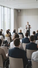 Obraz premium Professional speaker presenting to audience in formal business conference meeting