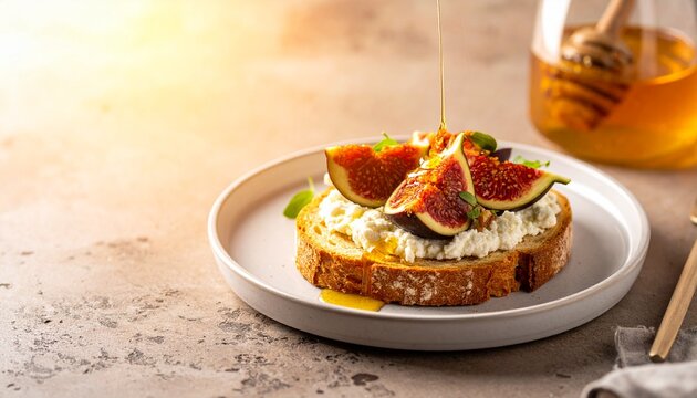Illuminated breakfast plate featuring fresh sliced figs and cream cheese on crusty bread with golden honey drizzle in warm sunlight