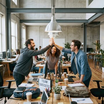 Employees celebrate teamwork with high five in modern industrial office workspace