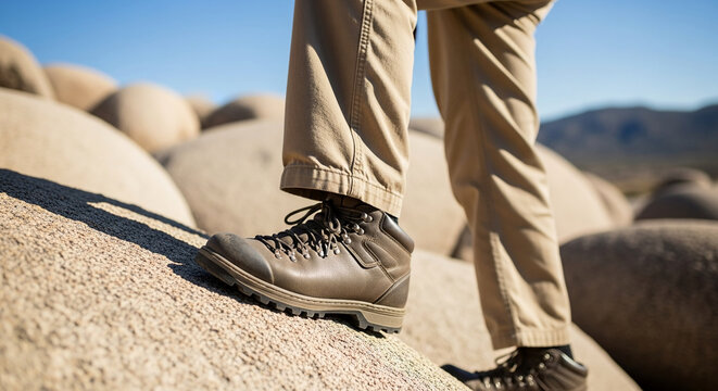 Close up of a person wearing sturdy brown leather hiking boots walking on round desert rocks under a clear blue sky during an outdoor adventure.