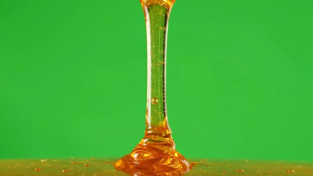 Thick golden honey dripping slowly in a continuous stream against a bright green screen background for chroma key compositing