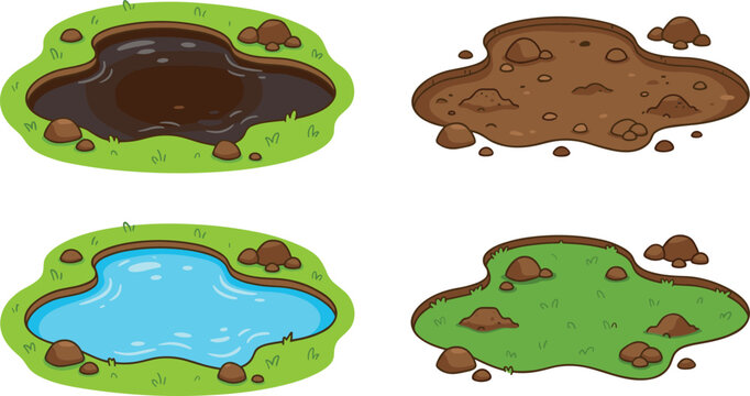 Cartoon landscape ground patches set featuring water pond mud puddle swamp dirt pit and green grass lawn vector