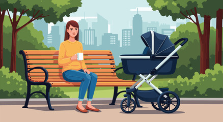 Eye-level vector illustration design of a mother sitting on a park bench near a baby stroller in an urban outdoor park setting