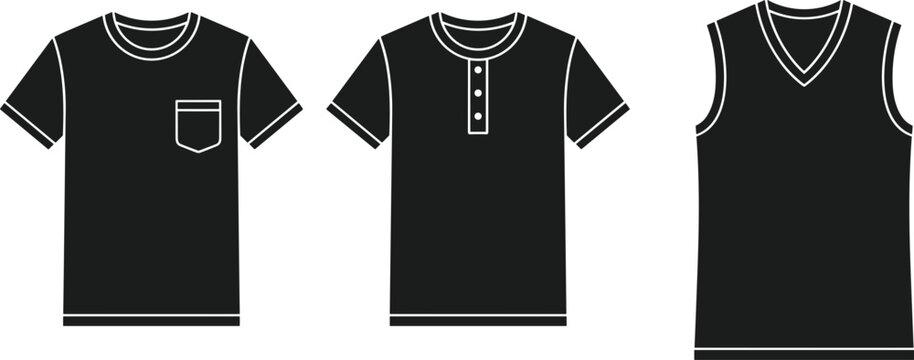 Casual shirts template collection featuring pocket tshirt button henley tee and sleeveless vest top flat apparel vector illustration