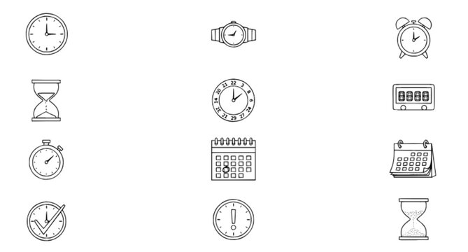Time Icons Set Vector &ndash; Clock, Watch, Alarm, Timer and 24 Hour Symbols