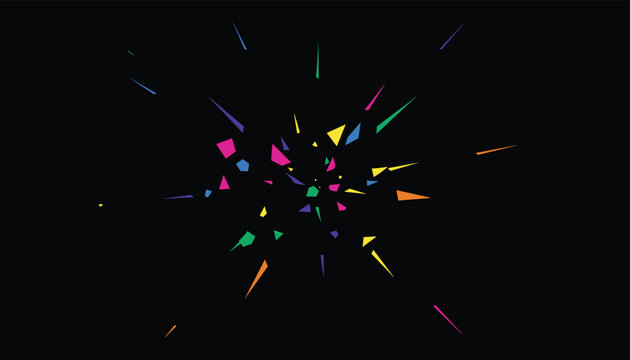 Abstract geometric explosion of colorful sharp shards flying outward on a solid black background.