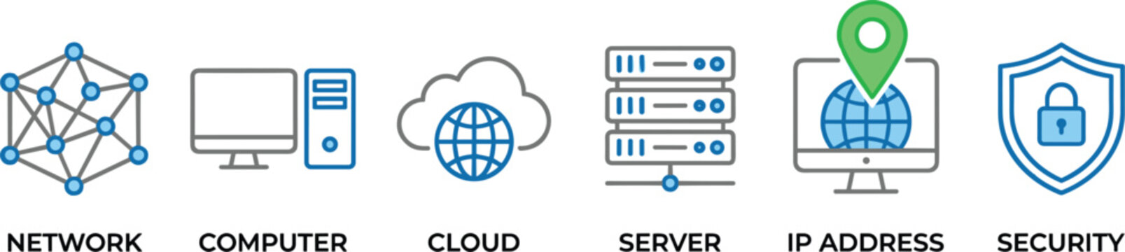 Cloud computing and web network infrastructure icon set featuring server racks global computer stations database protection systems security firewalls