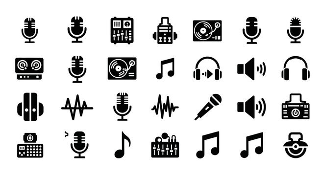 Music Production Icons Set: DJ Turntable, Microphone, Mixer, Sound Waves, Headphones, Speaker