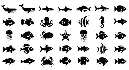 Obraz premium Ocean Life Silhouettes Collection: Diverse Marine Animals and Fish Icons