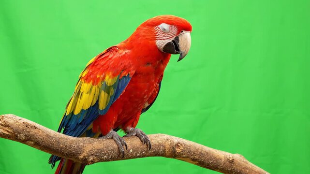 Vibrant scarlet macaw parrot perched on a branch turning its head curiously against a solid green screen background for chroma key compositing