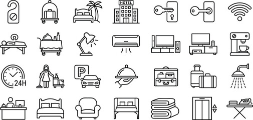 Comprehensive collection of hospitality service line icons featuring room amenities reception desk housekeeping and resort tourism symbols © MstHusna