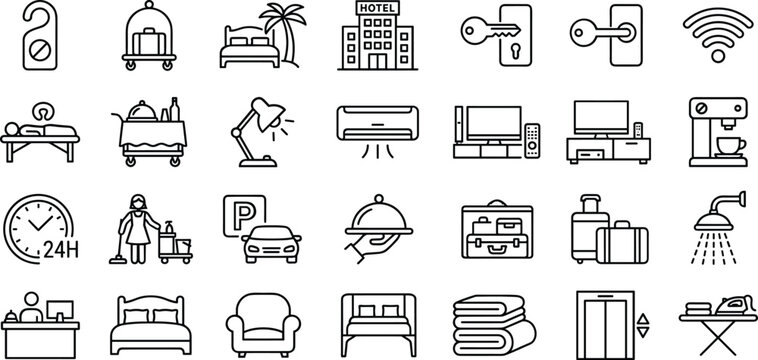 Comprehensive collection of hospitality service line icons featuring room amenities reception desk housekeeping and resort tourism symbols